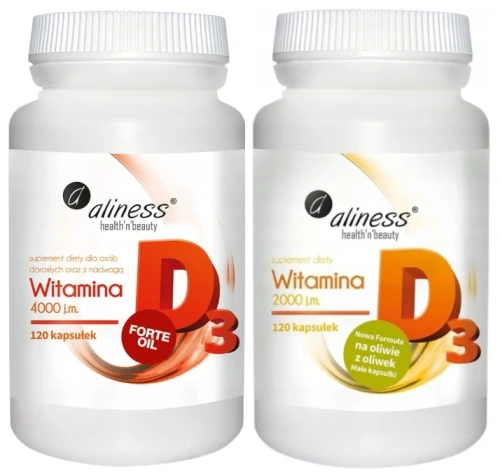 Zestaw Witamina D3 FORTE oil 4000 j.m. 120 kapsułek, Aliness + Witamina D3 2000IU, 120 kaps, Aliness