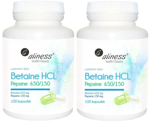 Zestaw 2x Betaina HCL, Pepsyna 650/150 mg x 100 kapsułek, Aliness