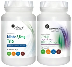 Zestaw Aliness Cynk Organiczny TRIO 15 mg + Miedź Trio 2,5 mg 100 tabletek VEGE - Antyoksydant Skóra Paznokcie Układ Nerwowy