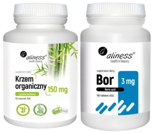Zestaw Aliness Krzem Organiczny 150mg 100 kapsułek VEGE + Bor 3 mg (kwas borowy) 100 tabletek VEGE - Włosy Skóra Kości Mięśnie