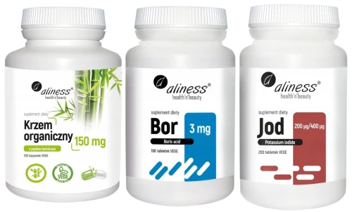 Zestaw Aliness Krzem Organiczny 150mg 100kaps. + Bor 3 mg (kwas borowy) 100 tab. + Jod (jodek potasu) 200 µg / 400 µg 200tabs.