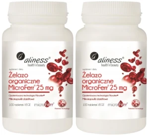 Zestaw 2x Aliness Żelazo Organiczne MicroFerr® 25 mg 100 tabletek VEGE - Odporność Anemia Zmęczenie Włosy