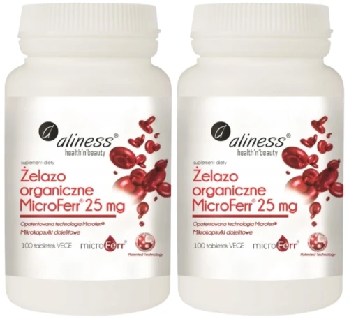Zestaw 2x Żelazo organiczne MicroFerr® 25 mg x 100 tabletek VEGE, Aliness