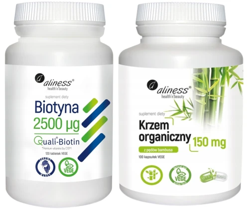 Biotyna 2500 mcg QualiBiotin® 120tab VEGE, Aliness + Krzem Organiczny 150mg 100kaps vege Aliness
