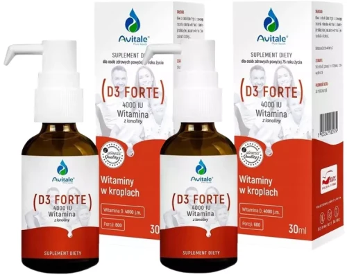 Zestaw 2x Krople Avitale Witamina D3 FORTE 4000, z lanoliny + E3 3,2 IU Olive 30ml, Aliness