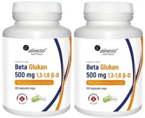 Zestaw 2x Aliness Beta Glukan Yestimun® 1,3-1,6 β-D 500 mg 100 kapsułek VEGE - Odporność Układ Pokarmowy Cholesterol Glukoza