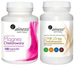 Zestaw Aliness MAGNEZ CHELATOWANY + Wit B6 100 kapsułek + Cynk chelatowany 15 mg 100 tabletek VEGE - Układ Nerwowy Kości Skóra Odporność