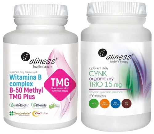 Zestaw Witamina B-50 complex Methyl TMG 100 kaps + Cynk organiczny TRIO 15 mg Aliness