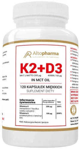Witamina K2 MK-7 200µg + D3 4000IU in MCT Oil 120 kapsułek miękkich, AltoPharma