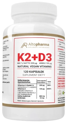 WITAMINA K2 VitaMK7 200μg + D3 4000IU PREBIOTYK VEGAŃSKA 120 kapsułek vege, AltoPharma