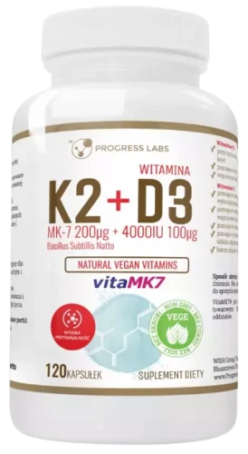 Witamina K2 VitaMK7 200μg + D3 4000IU Prebiotyk 120 kapsułek vege, Progress Labs