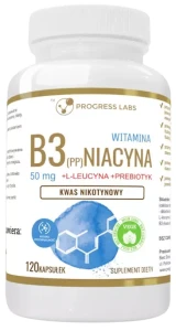Progress Labs Witamina B3 50mg Niacyna (PP) 120 kapsułek - Układ Nerwowy Włosy Skóra Zmęczenie