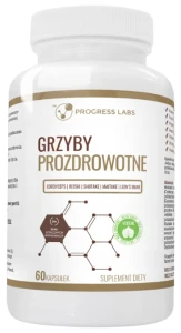 Grzyby Prozdrowotne Cordyceps Reishi Shiitake Maitake Lion’s Mane 60 kapsułek, Progress Labs