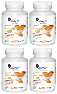 Zestaw 4x Aliness Curcumin 3 PLUS - Kurkumina i Piperyna 60 kapsułek - Skóra Wątroba Odporność Krążenie