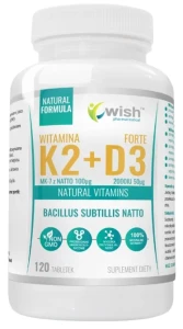 Witamina K2 MK-7 100µg + D3 2000IU z NATTO  120 tabletek, Wish