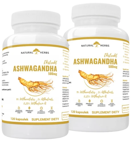 Zestaw 2x Ashwagandha Ekstrakt 500mg 9% WITANOLIDÓW Żeń Szeń Indyjski 120 kapsułek, AltoPharma