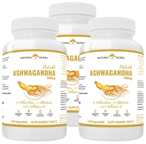 Zestaw 3x Ashwagandha Ekstrakt 500mg 9% WITANOLIDÓW Żeń Szeń Indyjski 120 kapsułek, AltoPharma