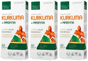 Zestaw 3x Medica Herbs Kurkuma + Piperyna 60 kapsułek - Odporność Trawienie Układ Nerwowy Krążenie Serce