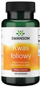 Swanson Kwas foliowy 800mcg 250 kapsułek - Dla Kobiet w Ciąży Redukcja Stresu Układ Nerwowy