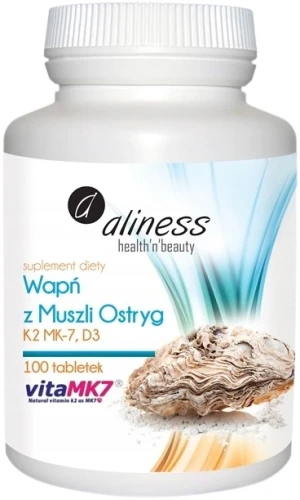 Wapń z muszli ostryg z K2 MK7 i D3 x 100 tabletek Aliness