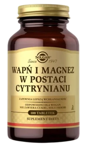 Wapń i Magnez w postaci cytrynianu 100 tabletek, Solgar
