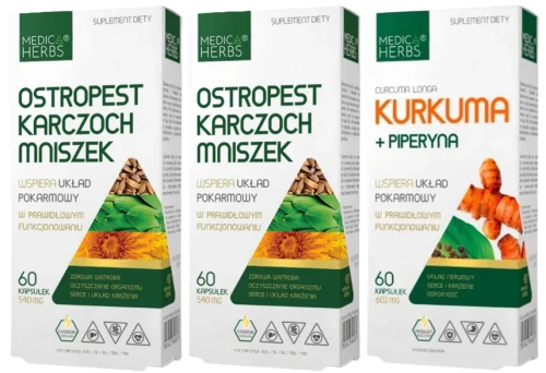 Zestaw Kurkuma + piperyna + 2x Ostropest Karczoch Mniszek, Medica Herbs.webp