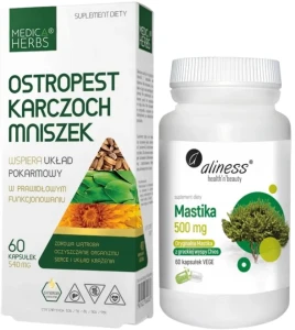 Zestaw Ostropest Karczoch Mniszek + Mastika, sproszkowana żywica Pistacia lentiscus 500mg x 60 Vege caps., Aliness