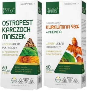 Zestaw Ostropest Karczoch Mniszek + Kurkumina 98% + Piperyna, Medica Herbs