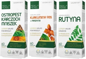 Zestaw Ostropest Karczoch Mniszek + Kurkumina 98% + Piperyna + Rutyna, Medica Herbs