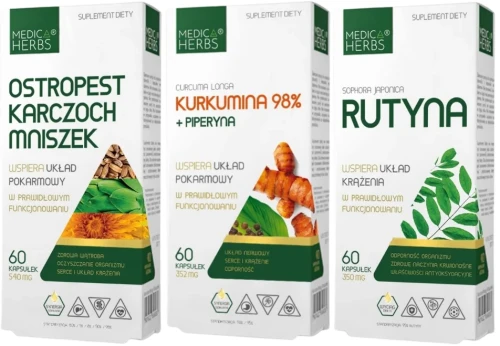 Zestaw Ostropest Karczoch Mniszek + Kurkumina 98% + Piperyna + Rutyna, Medica Herbs.webp
