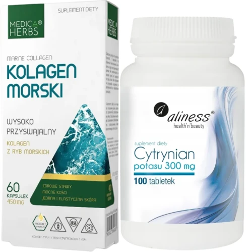 Zestaw Kolagen morski + Cytrynian potasu 300 mg x 100 tabletek VEGE, Medica Herbs Aliness.webp