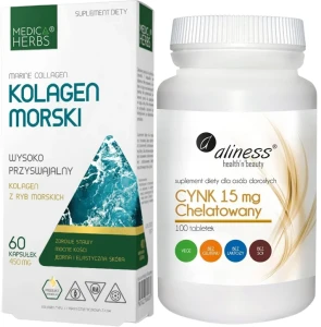 Zestaw Kolagen morski + Cynk chelatowany 15 mg x 100 tabletek Vege, Medica Herbs/Aliness