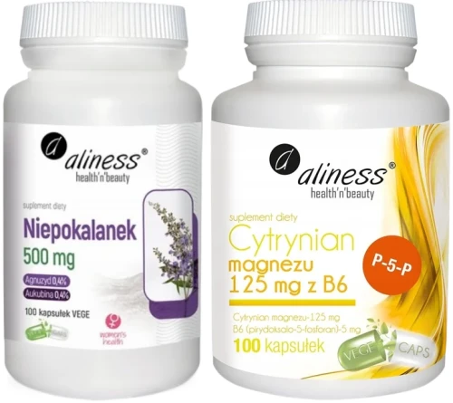 Zestaw Niepokalanek 500mg (Vitex agnus-castus) x 100 Vege caps + Cytrynian Magnezu 125 mg z B6 (P-5-P) 100 kaps VEGE Aliness.webp