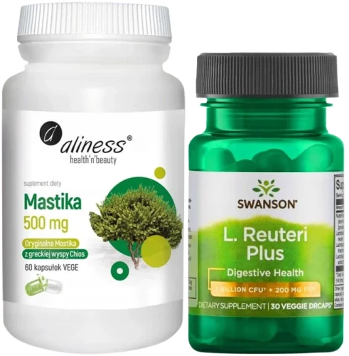 Zestaw Mastika, sproszkowana żywica Pistacia lentiscus 500mg x 60 Vege caps + L. Reuteri Plus 30kaps vege, Swanson Aliness.webp
