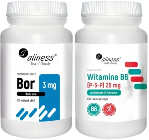 Zestaw Bor 3 mg (kwas borowy) x 100 tabletek vege + Witamina B6 (P-5-P) 25 mg x 100 tabletek VEGE, Aliness