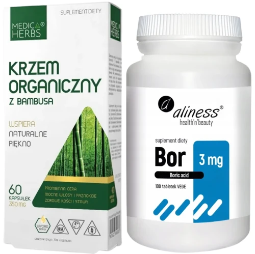 Zestaw Bor 3 mg (kwas borowy) x 100 tabletek vege + Krzem organiczny z bambusa, Aliness Medica Herbs.webp