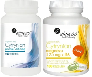 Zestaw Cytrynian potasu 300 mg x 100 tabletek VEGE + Cytrynian Magnezu 125 mg z B6 (P-5-P) 100 kaps VEGE, Aliness