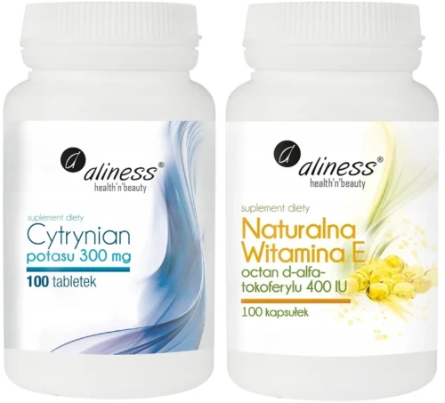 Zestaw Cytrynian potasu 300 mg x 100 tabletek VEGE + Naturalna witamina E 400IU, Aliness.webp