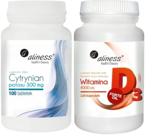 Zestaw Cytrynian potasu 300 mg x 100 tabletek VEGE + Witamina D3 FORTE oil 4000 j.m. 120 kapsułek, Aliness