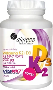 Aliness Witamina K2 + D3 FORTE MK-7 200mcg 60 kapsułek - Krzepnięcie Krwi Zdrowe Kości