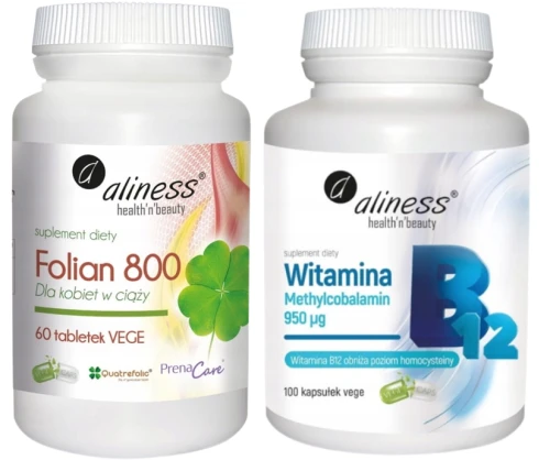 Zestaw Folian dla kobiet w ciąży 800 µg x 60 tabletek + Witamina B12 Methyl 950 µg VEGE, Aliness