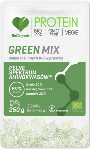 BeOrganic Green MIX białek roślinnych BIO w proszku 250g, Medicaline