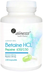 Aliness Betaina HCL Pepsyna 650/150 mg 100 kapsułek - Trawienie Łagodzenie Objawów Żołądkowych
