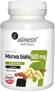 Aliness Morwa biała 4:1 z cynamonowcem i chromem 500 mg 180 tabletek - Metabolizm Węglowodanów 