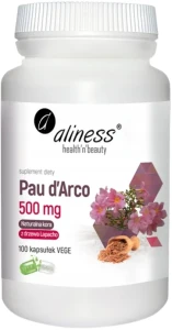 Aliness Pau d’Arco (sproszkowana kora Lapacho) 500mg 100 kapsułek VEGE - Odporność Działanie Przeciwgrzybicze