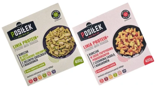 Kurczak w sosie śmietanowo-ziołowym z zielonym groszkiem i makaronem PROTEIN + Kurczak w sosie paprykowo-pomidorowym z czerwoną fasolą PROTEIN +, pOSIŁEK