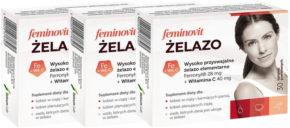 Железо Salvum Feminovit 28 мг с витамином C, набор 3 x 30 капсул