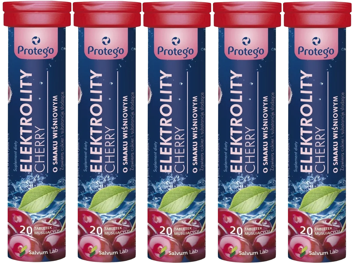 Электролиты Salvum Protego Cherry, вкус вишня, шипучие таблетки, 5 упаковок по 20 шт
