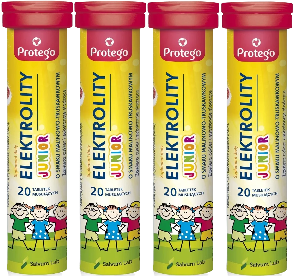 Электролиты для детей Salvum Protego Junior, малина и клубника, шипучие таблетки, набор 4 x 20 шт