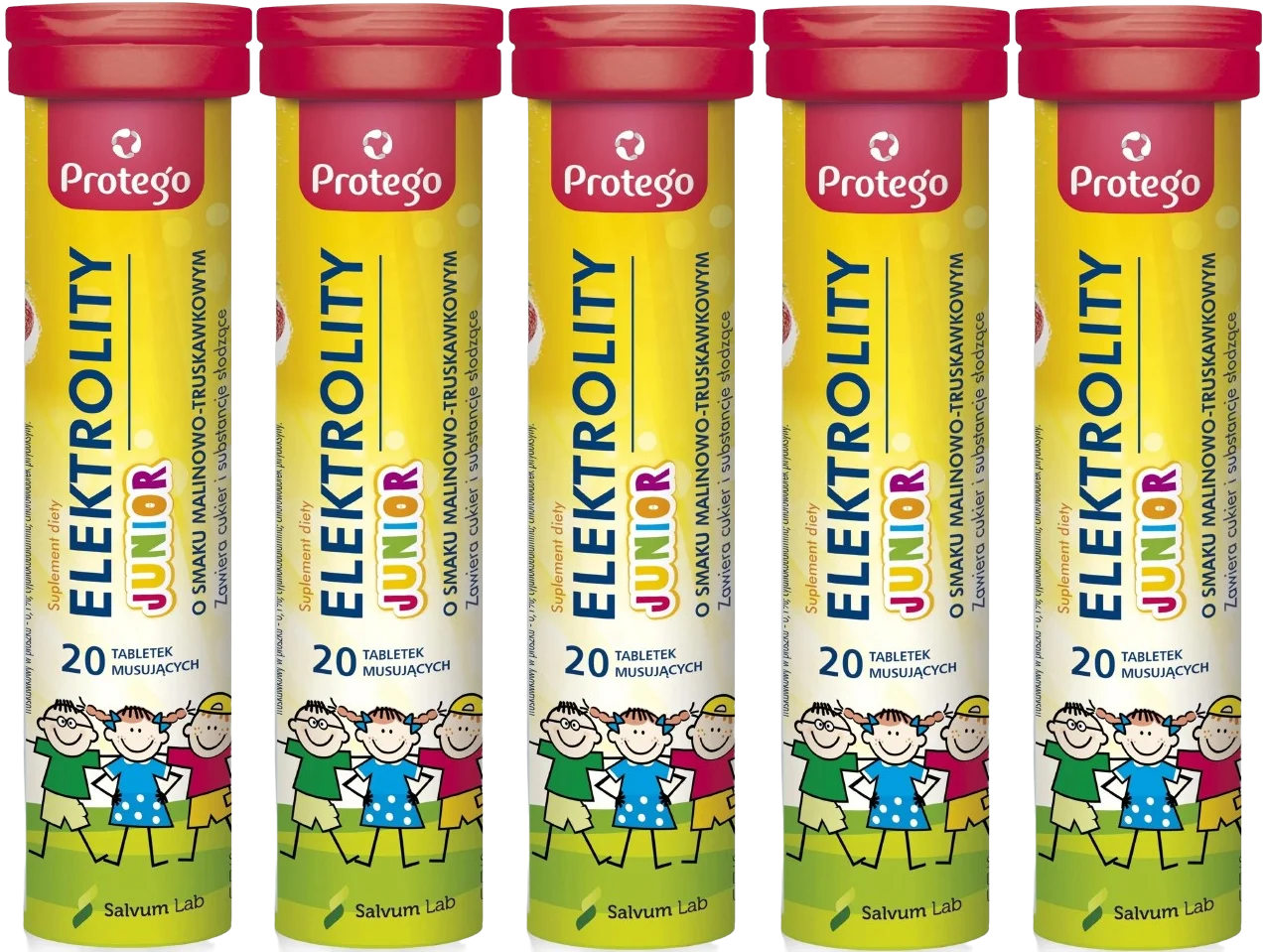 Электролиты для детей Salvum Protego Junior, вкус малина и клубника, шипучие таблетки, 5 упаковок по 20 шт